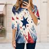 Women Plus Size Round Neck Three Quarter Sleeve Printed T Shirt Red Navy Silver Star Pattern Curved Hem