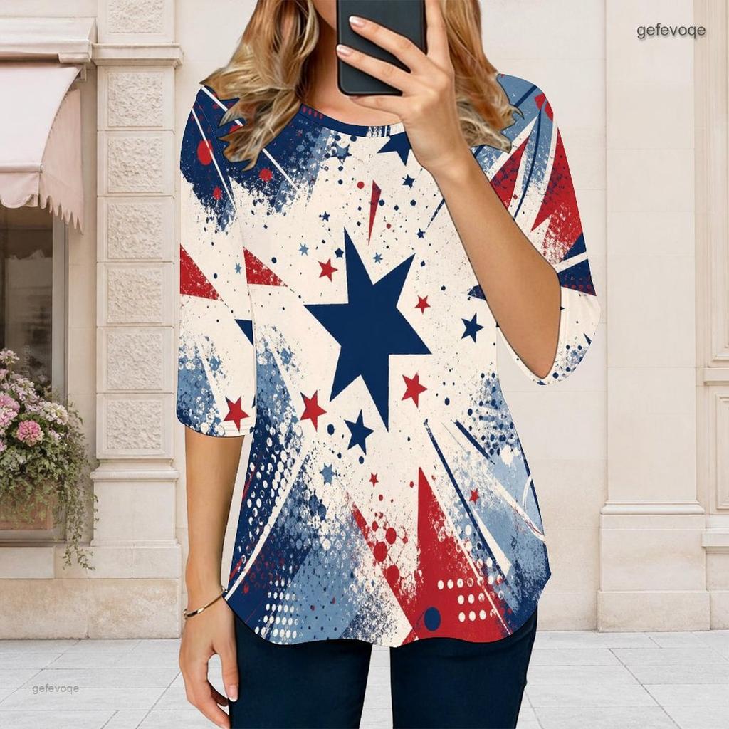 Women Plus Size Round Neck Three Quarter Sleeve Printed T Shirt Red Navy Silver Star Pattern Curved Hem