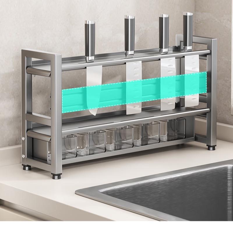 Youshu 50cm Two-Tier Countertop Kitchen Spice Rack with Knife Holder