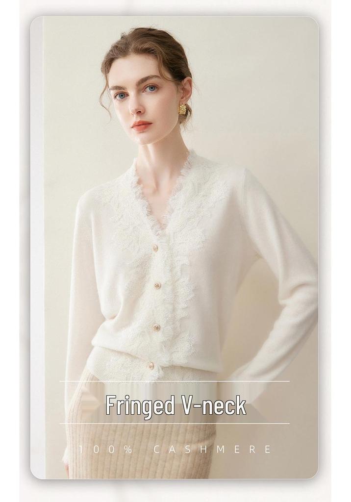 100% Pure Cashmere Women's V-Neck Tassel Lace Knit Cardigan, 2026 Autumn/Winter Slim-Fit Outerwear