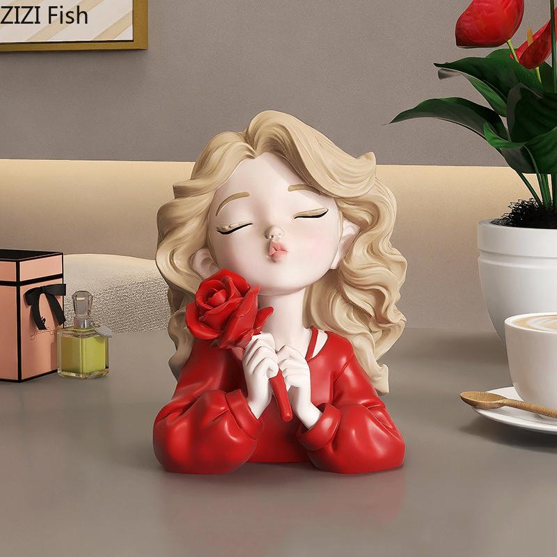 Lovely Wave Haired Girl Figures Rose Flower Statue Desk Decoration Exquisite Character Resins Sculpture Room Aesthetics Decor