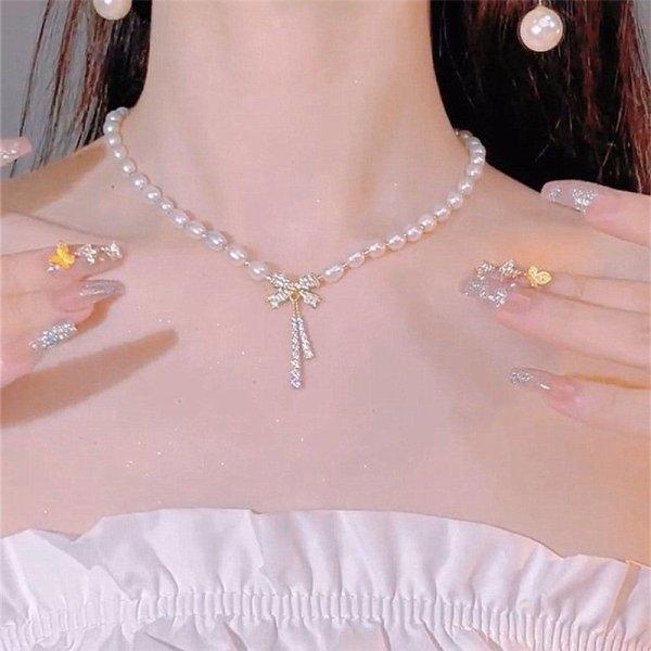 Fashion Imitation Pearl Rhinestone Necklace Stainless Steel Extra Long Drawstring Snake Tassel Metal Chain Women's Jewelry Gifts