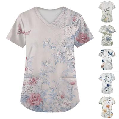 Women's Short Sleeve Fashion V Neck With Pockets Floral Print Tops  Clothes