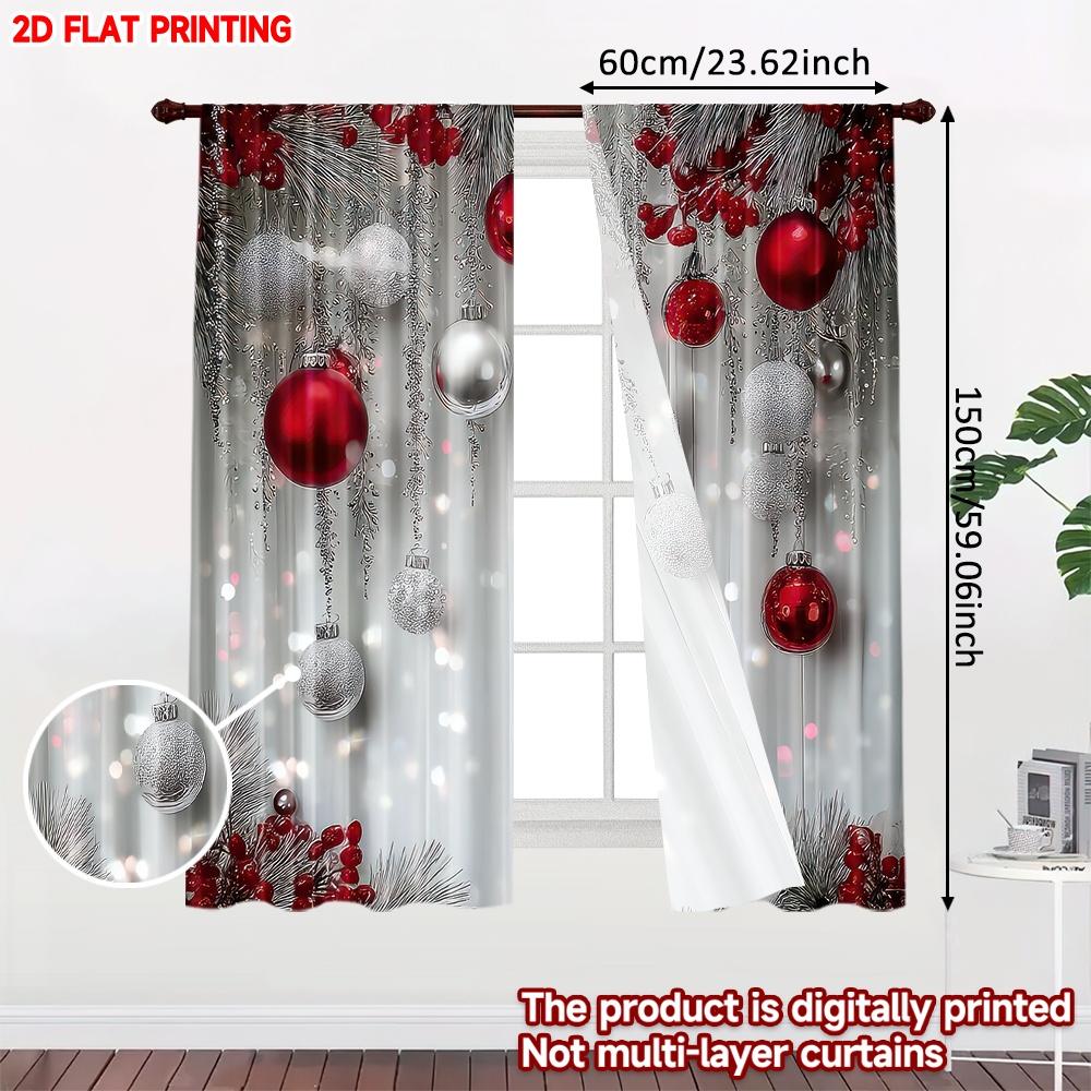 2D flat printing 2pcs Happy Christmas Party Curtains Christmas Red and Silver Ornaments Digital Printed Polyester Drapes Party &