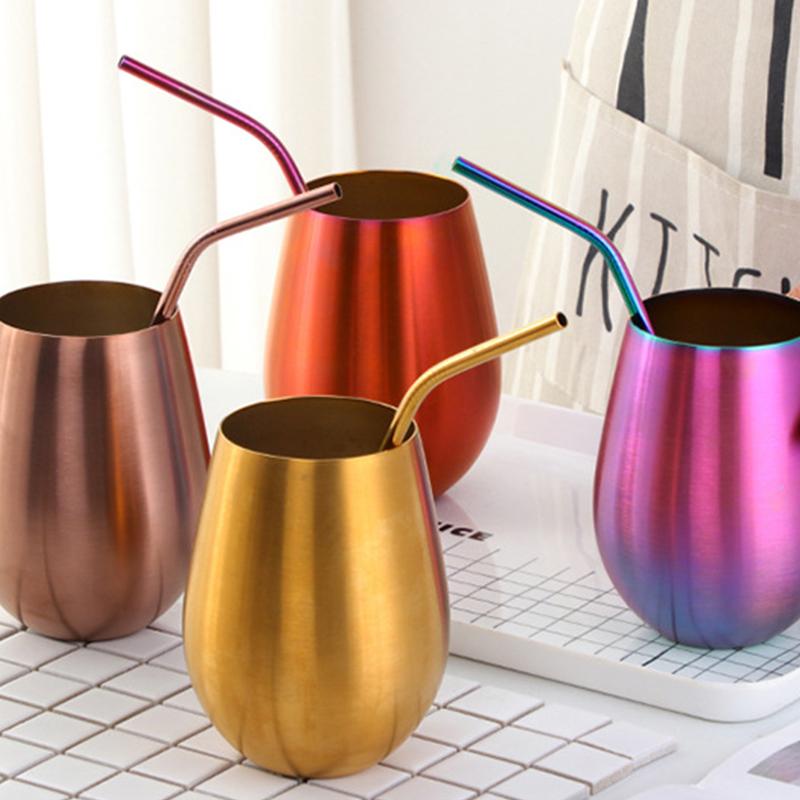 New Stainless Steel Wine Cup With Straw Single Layer Metal Drinking Mug Multifunction 500Ml Big Belly Cup Outdoor Drinkware