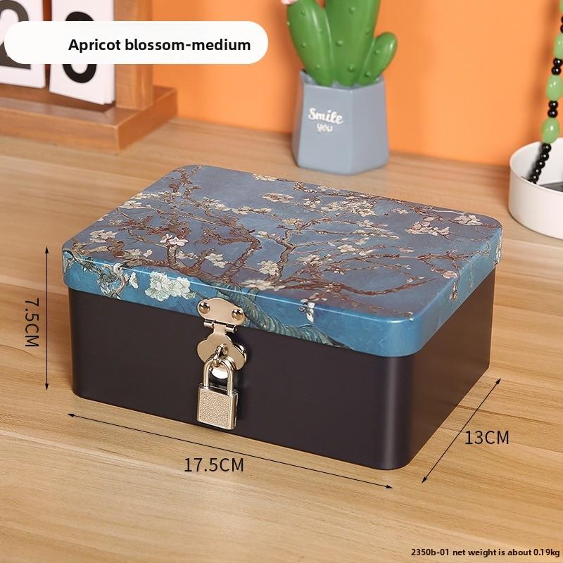 Retro Tinplate Box with Lock Key, Desktop Storage Box, Cosmetics, ID Storage, Household Jewelry Empty Box.