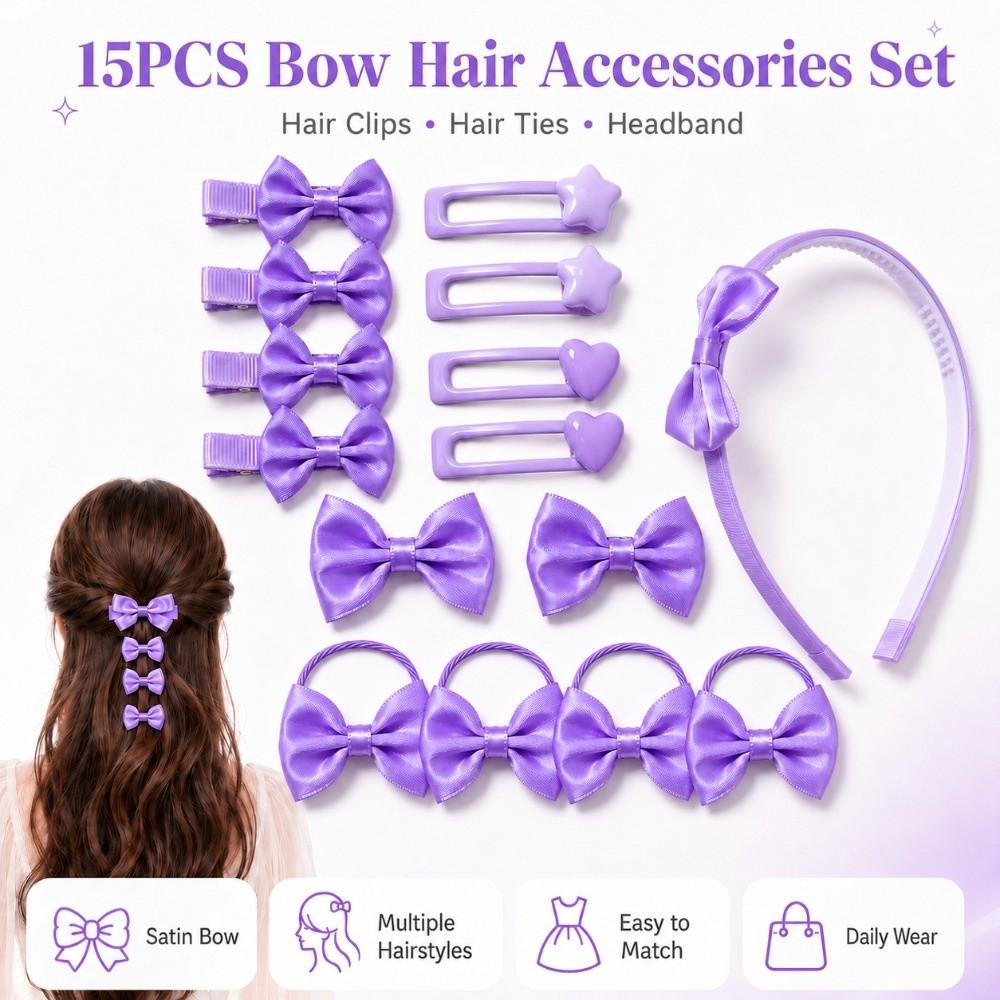 15Pcs/Set Lightweight Bow Hair Accessories Set Colorful Bow Hair Ties New Bow Headband Girls Gifts