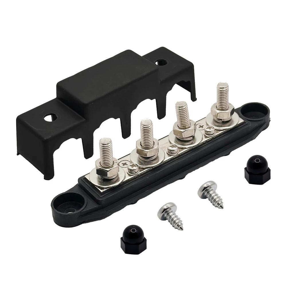 DC 12V-48V 250A Bus Bar Terminal Battery Power Distribution Block with Cover M8 Screw 4 for Automobile Boat RV Truck Automotive