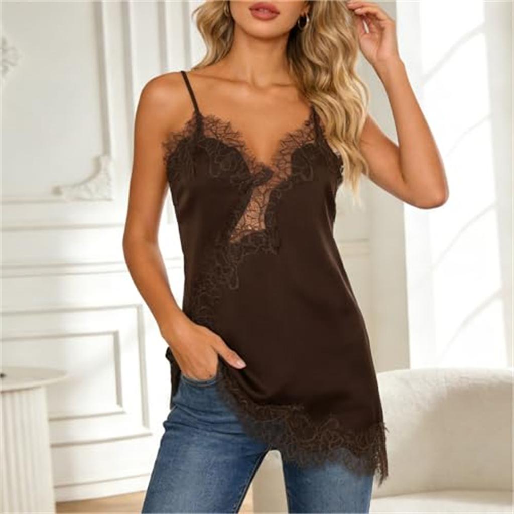Women Fashion V Neck Satin Lace Camisole Adjustable Spaghetti Straps Sexy Cami Top