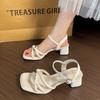 2025 Sexy Intertwined Silver Decoration Women's Sandals Open Toe Low Heels Sandals Summer Ankle Buckle Strap Party Shoes