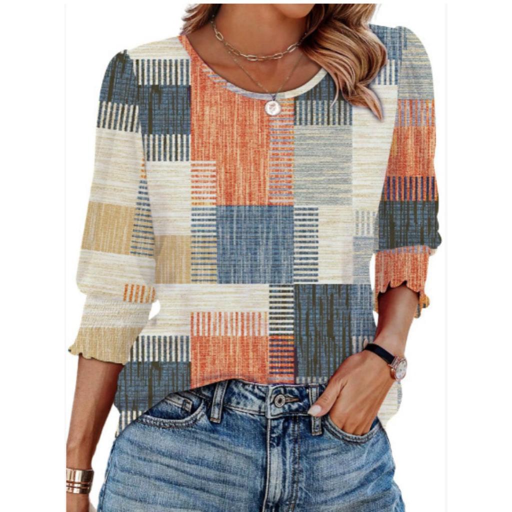 Women's Clothing, Spring, Loose, Casual, Printed, Seven Quarter Sleeves, Round Neck, T-shirt, Top