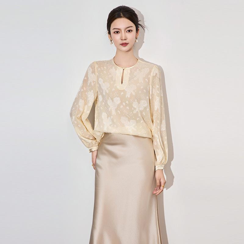 

Elegant French Style Chiffon Shirt with Lantern Sleeves for Women - Spring Collection XL абрикосовий