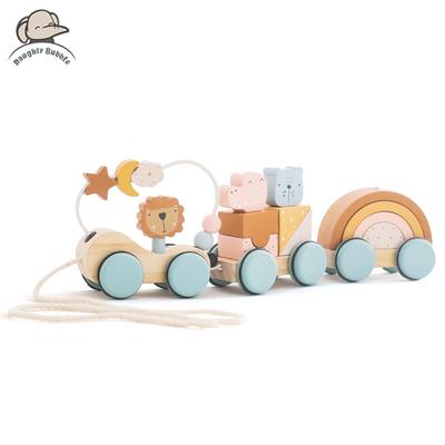 Montessori-Holzspielzeug Tier-Bausteinzug Baustein Stapelspielzeug Schieben und Ziehen des Wagens manuell Baby Balance Spielzeug Geschenke