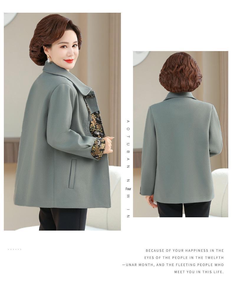2025 New Spring Woolen Coat for Moms: Chinese Style Turn-Down Collar Top for Middle-Aged and Elderly Women's Fashion.