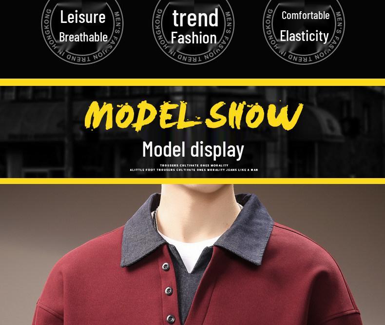 Men's Retro Heavyweight Denim Polo Hoodie with Color Block Patchwork and Plus Velvet for Autumn
