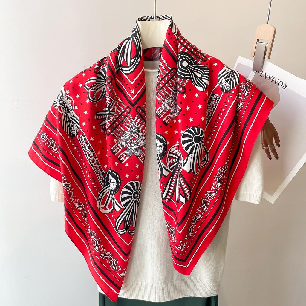 Headscarf Printed Twill Silk Large Square Scarf Small Fragrant Silk Scarf Women'S Anti-Sun Scarf Decorative Scarf Shawl 90Cm