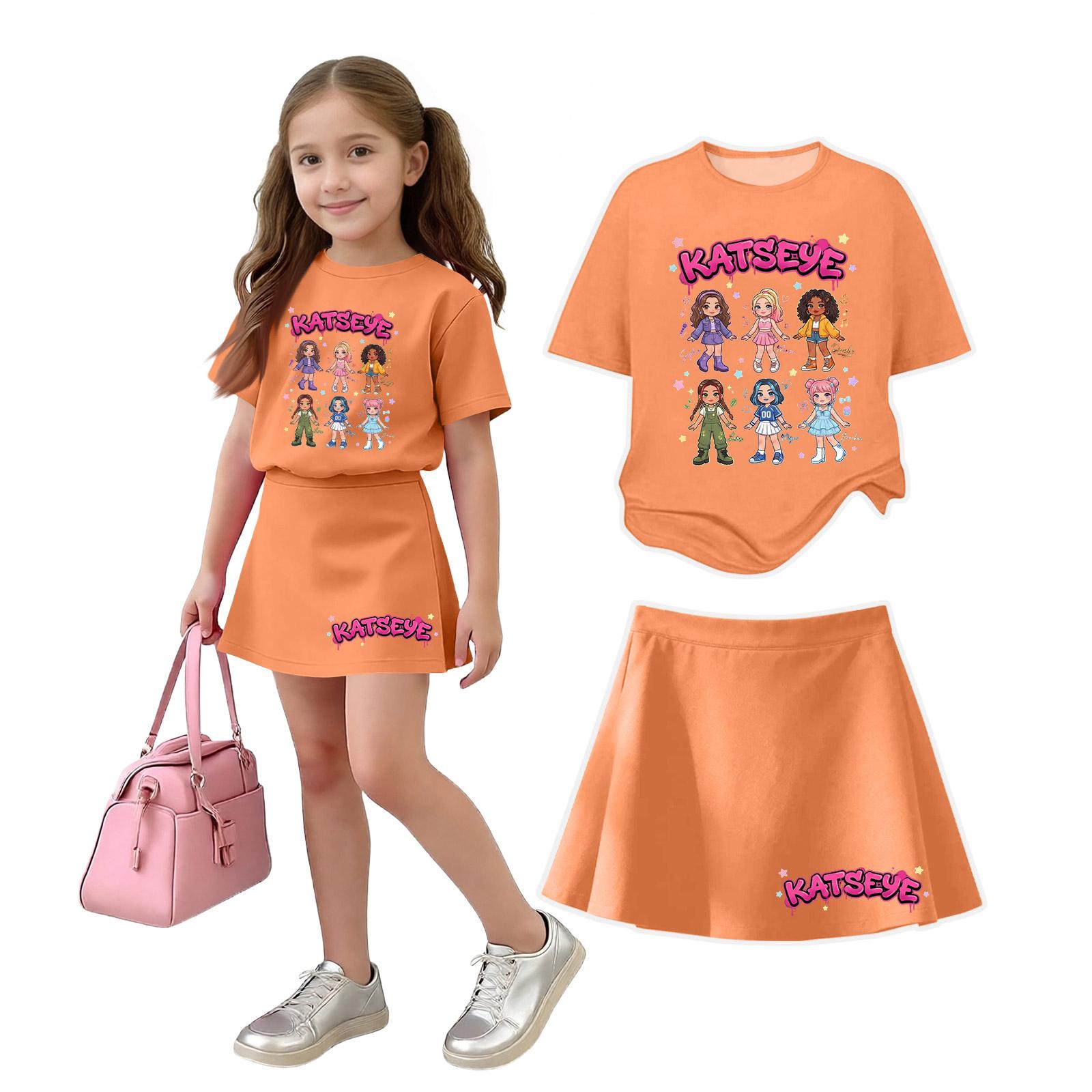 Girls Casual Loose Fit T-Shirt and Skirt Set Short Sleeve Crew Neck Top with Printed Design and Matching Skirt for Everyday Wear 100