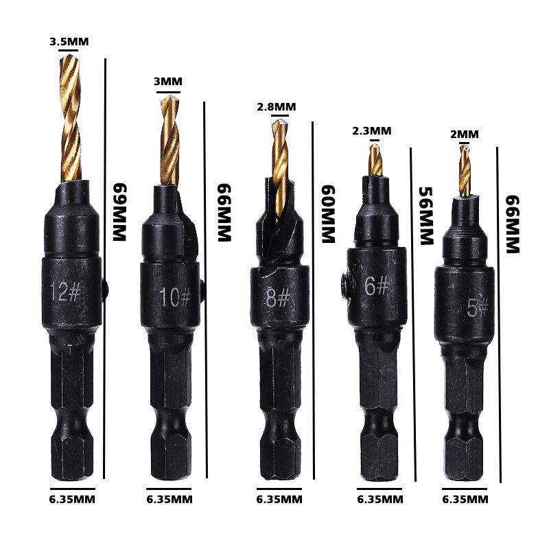 5Pcs 1/4'' Hex Shank Countersink Drill Bit Set HSS Woodworking Pilot Screw Holes