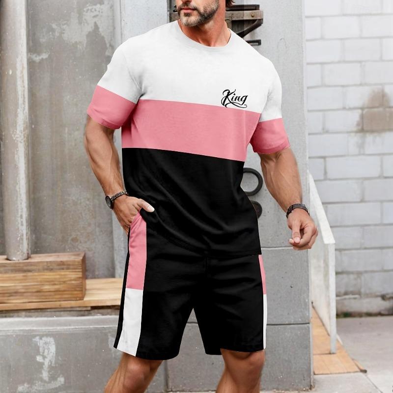 Men's Geometic 2pcs Tees sets Summer Tops Short Sleeve Short Pants Crew Neck Sport Casual