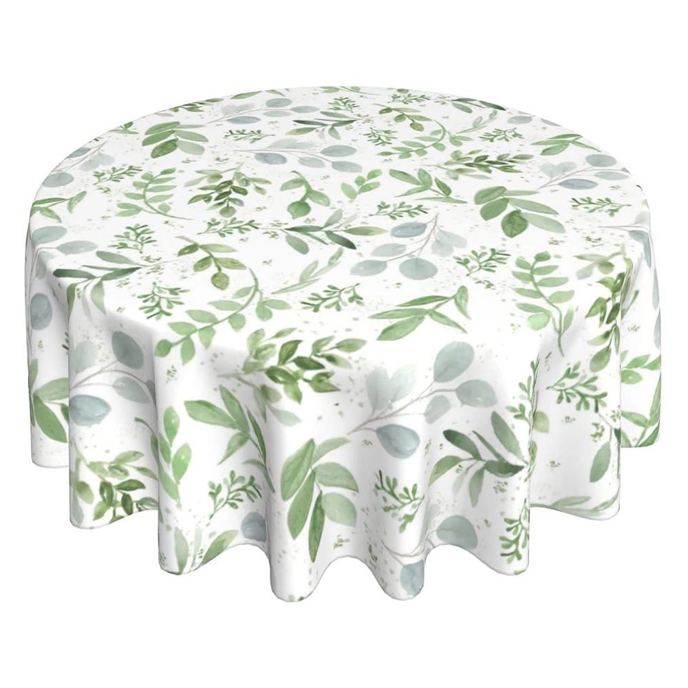 Spring Floral Teal Sage Green Tablecloth Round 60 Inch Watercolor Eucalyptus Leaf Round Table Cloth Wrinkle Resistant Washable