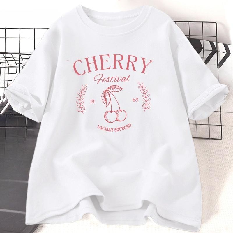 Cherry Vintage T Shirt WOMEN Cherry Festival TShirt Summer Fruit Graphic Tees Casual Cotton Short Sleeve Tshirt HighQuality