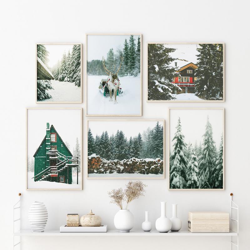 Pădure de iarnă Casă de zăpadă Cerb Sanie Artă de perete Pictură pe pânză Postere și imprimeuri nordice Poze de perete pentru decor camera de zi fără cadru