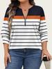 Plus Size Color Block Stripe Loose Casual Long Sleeve Top with Half-Zip Round Neck for Women.