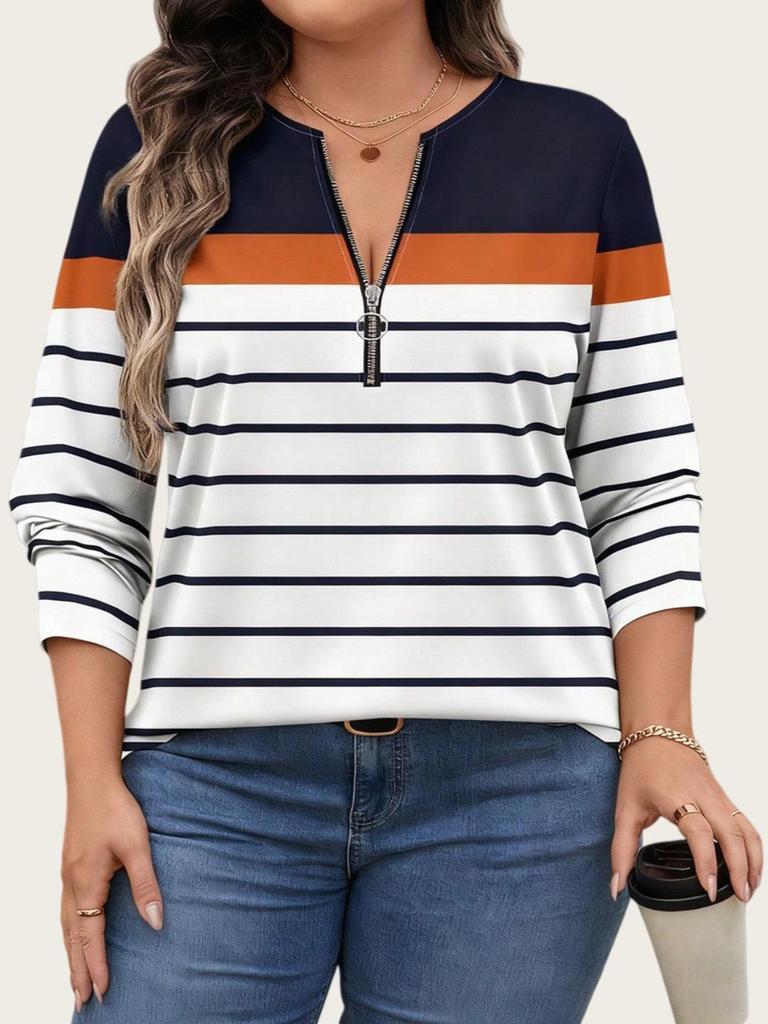 Plus Size Color Block Stripe Loose Casual Long Sleeve Top with Half-Zip Round Neck for Women.