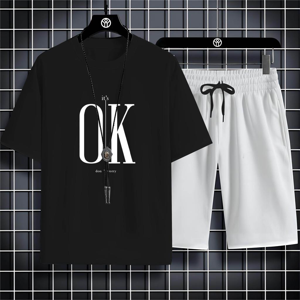 Summer Outdoor Sports Style Alphabet Ok Printed Men'S Round Neck Comfortable Breathable Drawstring Shorts Casual Set Quick Dry