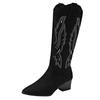 Women's Plus Size Embroidered Over-the-Knee Denim Boots, Chunky Heel Retro Ethnic Stretch Riding Boots
