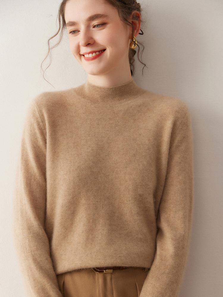 Women's Fashionable Cashmere Half-High Collar Knit Top - Versatile Long Sleeve Warm Base Layer for Autumn/Winter