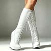 Botas femininas de balé com cadarço, salto cunha de 18cm com salto estranho, plataforma de 3cm, couro envernizado, sexy, zíper, botas altas no joelho