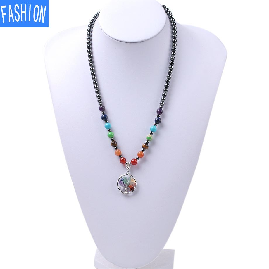 Hand Wound Tree Of Life Short Necklace Black Gallstone Beads Yoga Seven Chakras Natural Gem Necklace