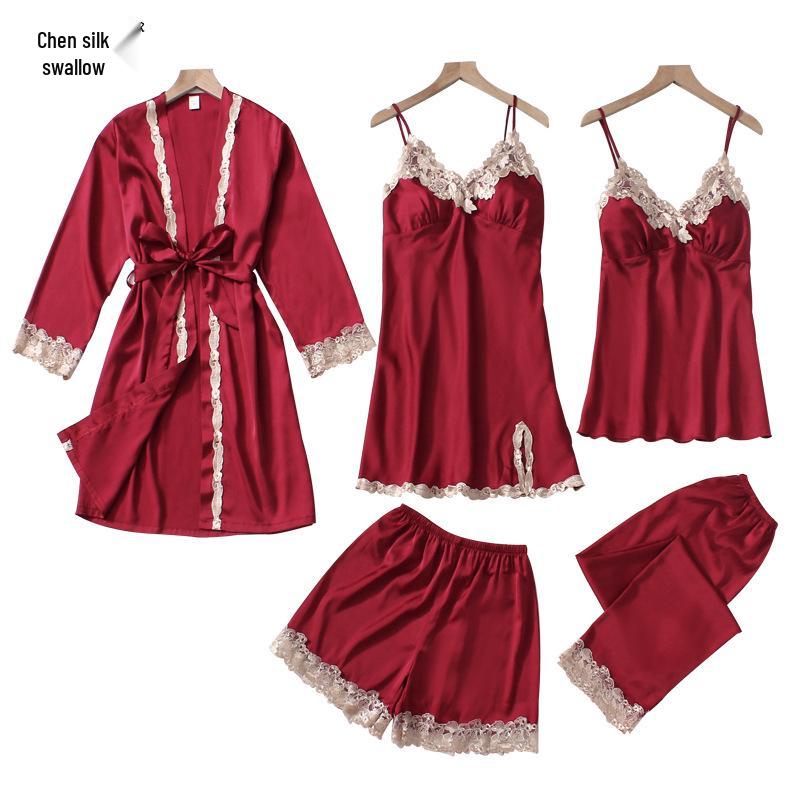 Women's Summer Silk Pajama Set: 5-Piece Long Sleeve, Lace Trim Camisole, Shorts & Pants