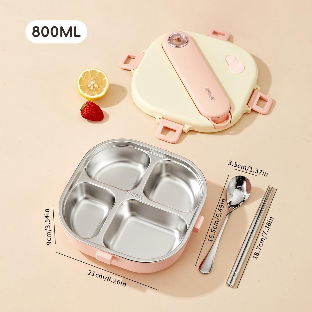 3/4 Grid Portable Square Lunch Container With Cutlery Capybara 304 Stainless Steel Divided Lunch Box For Kids Student Heatable