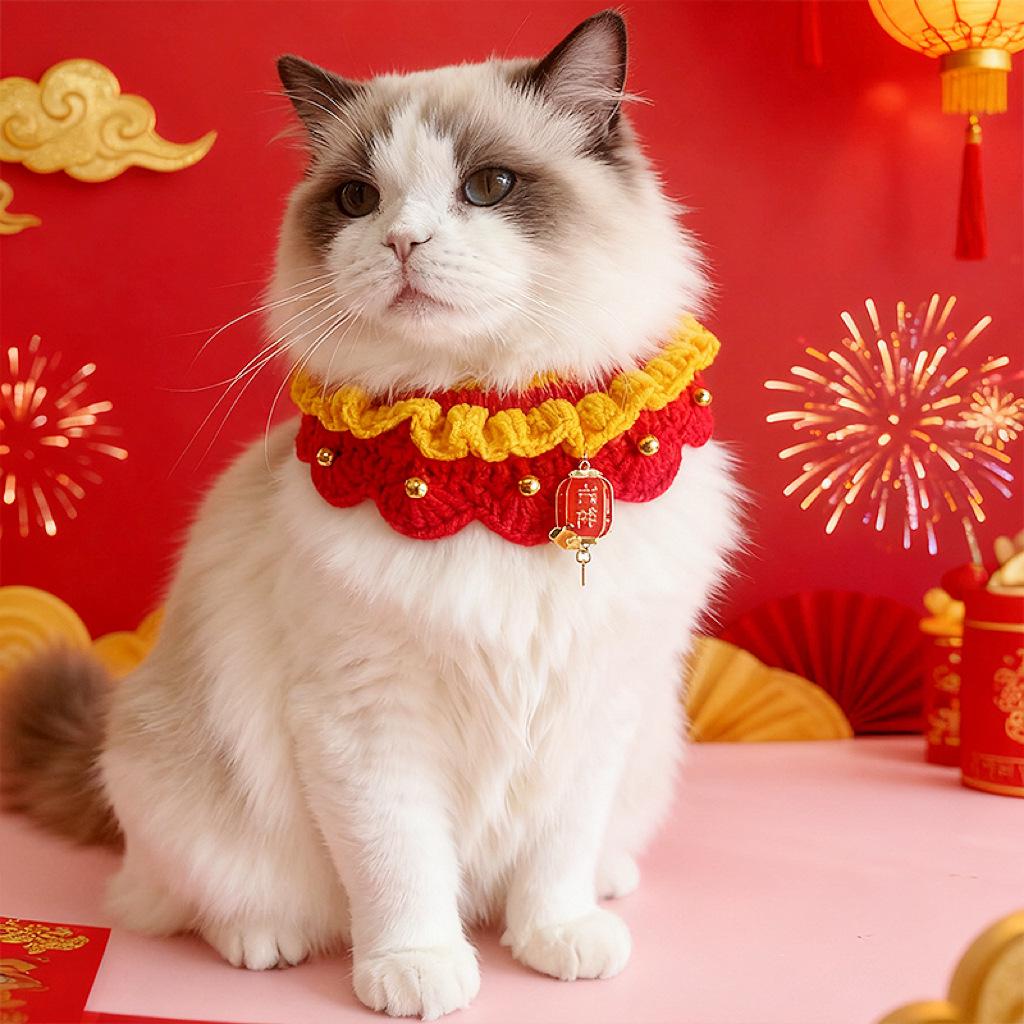 Festive Chinese Style Wool Knit Pet Scarf - New Year Neck Gaiter for Cats & Dogs
