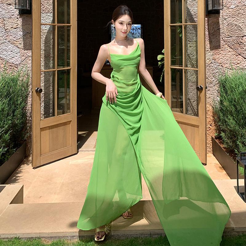 Green Swinging Neck Mesh Suspender Dress Women s Summer New Seaside Vacation Waist Dress S зелёный