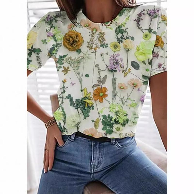 Trendy Fresh Flower 3D Printed Short Sleeve Women's Summer Round Neck T-shirt