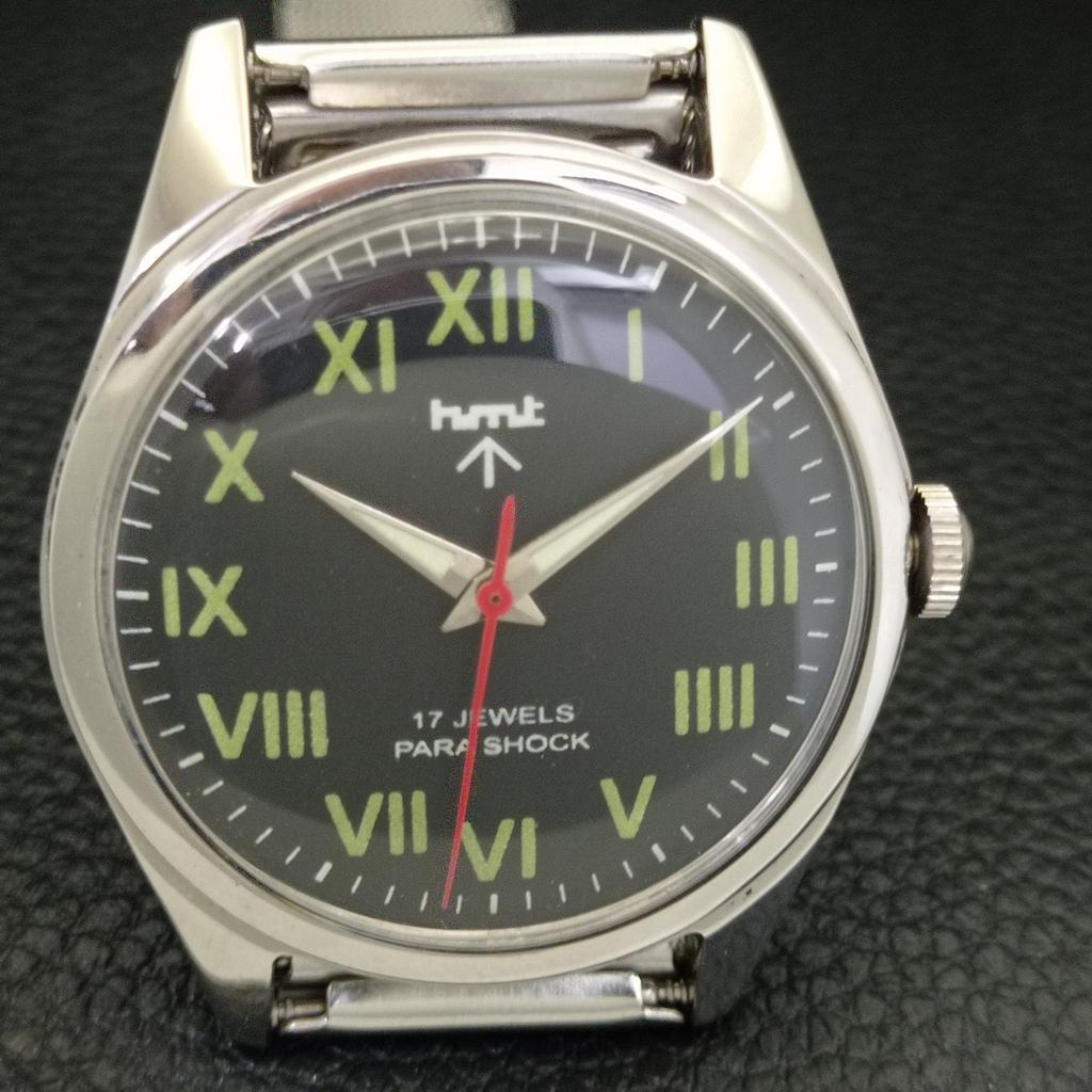 VINTAGE HMT HANDAUFZUG INDISCHE HERREN RÖMISCHE ZIFFERN SCHWARZES ZIFFERBLATT UHR a702846-1