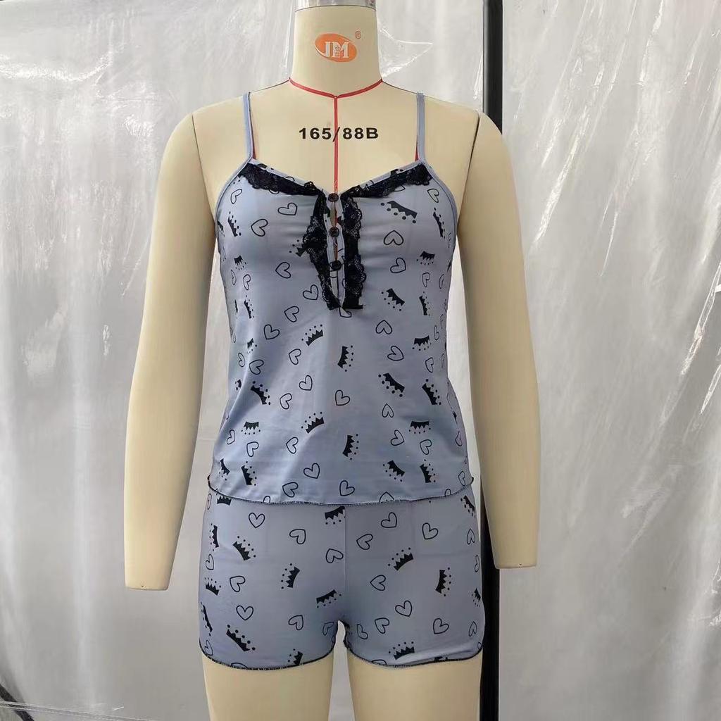Butterfly print pajama set, sling vest, elastic belt shorts, women's pajamas and home black background red heart