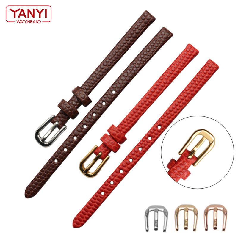Genuine Leather Watchband Womens Bracelet 6mm 8mm 10mm 12mm Lizards Leather Watch Strap Small Wristwatches Belt Pin Buckle
