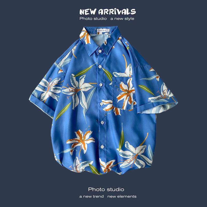 Letnia Koreańska Retro Kwiatowa Para Luźna Koszula z Krótkim Rękawem - Męski Modny Styl