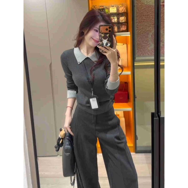 olo lapel contrasting color knitted sweater women's autumn and winter new slim-fitting front shoulder soft waxy long-sleeved inner top sweater