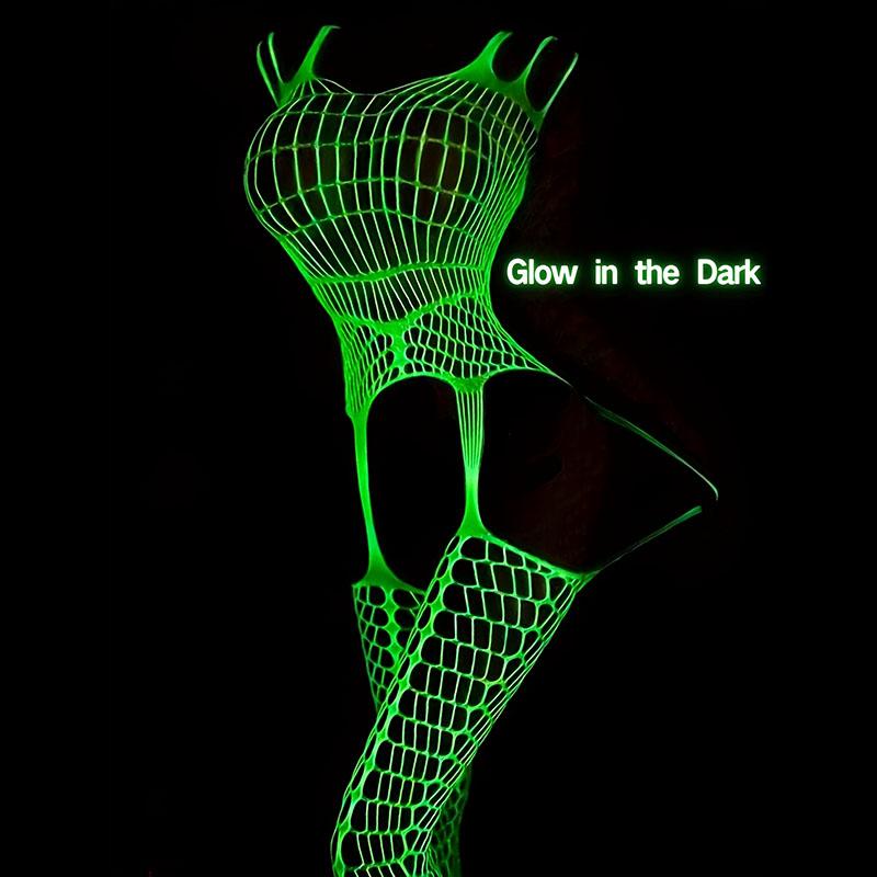 Glow in Dark Fishnet Bodysuit Seamless Lingerie Set Nightclub Outfit Sheer Tights Roleplay Costume Partywear Sexy Women Full Body Shimmer