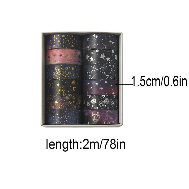 12 Rolls of Starry Sky Bronzing Pattern Washi Tape, Constellation Pattern Tape and Gift Wrapping Decoration, Gifts for Friends