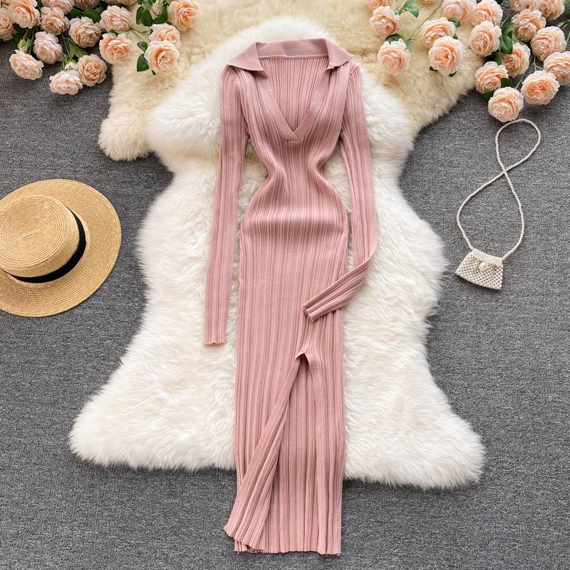 Buy Solid Women's Sweater Dress Sexy Elastic Long Sleeve Knit Dress Female  High Waist Slim Side Split Dresses 2021 Autumn at affordable prices  free  shipping, real reviews with photos  Joom