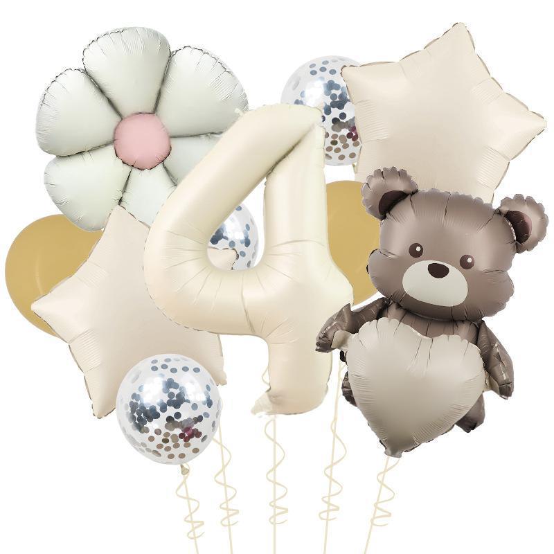 Matte Love Bear Colored Daisies 40 Inch Caramel Cream Aluminum Film Sequins Latex Balloon Birthday Set