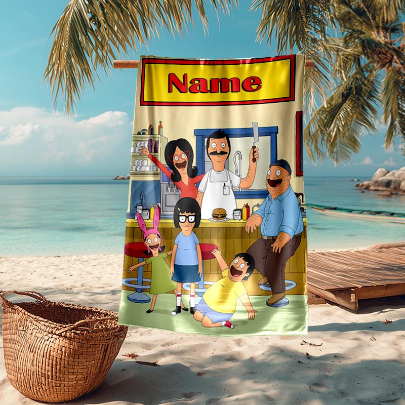 Custom Name Ultra-Soft Beach Towel with Bob's Burgers Theme,Ideal for Pool - Camping, Diving - Perfect Travel Essential, Vibrant Beach Towel.