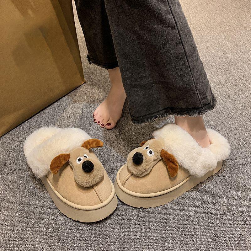 Cute Cartoon Dog Bag Head Half Slippers Women's 2025 Autumn and Winter New Thick-soled Indoor Non-slip Velvet Warm Cotton Shoes