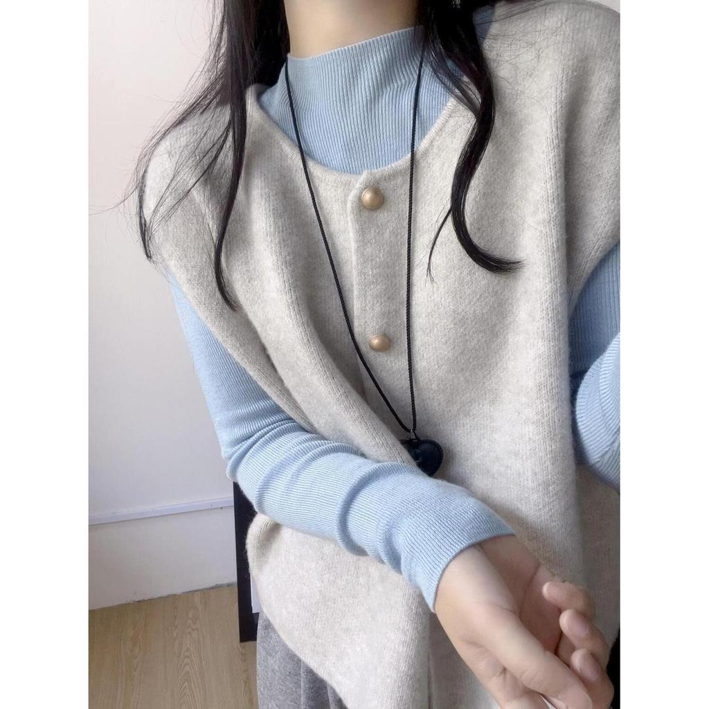 Retro Women's Knit Vest & Cardigan Set - Round Neck, Single-Breasted, Double Layer
